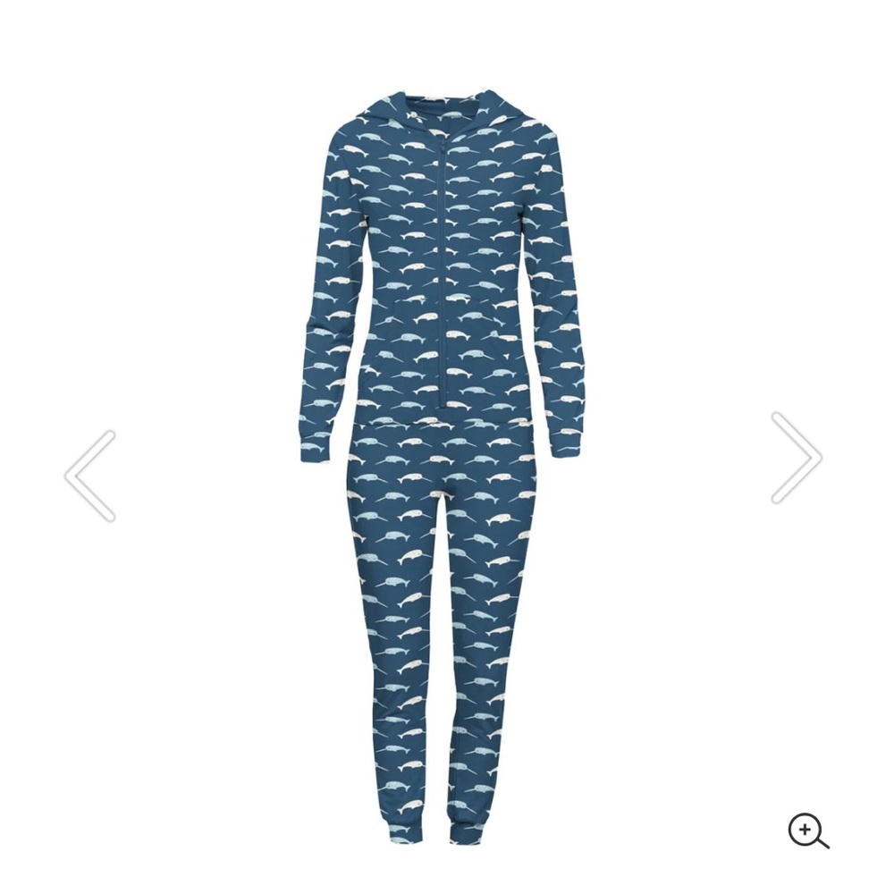 Women's Print Long Sleeve Jumpsuit with Hood in Deep Sea Narwhal